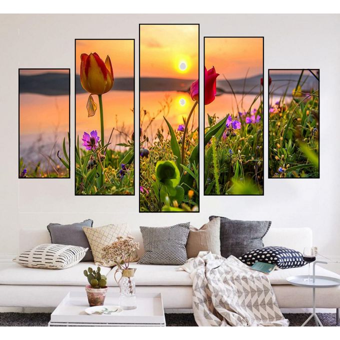 Tableau décoratif en 5 parties - Fleur au coucher de soleil - 150 * 90 cm