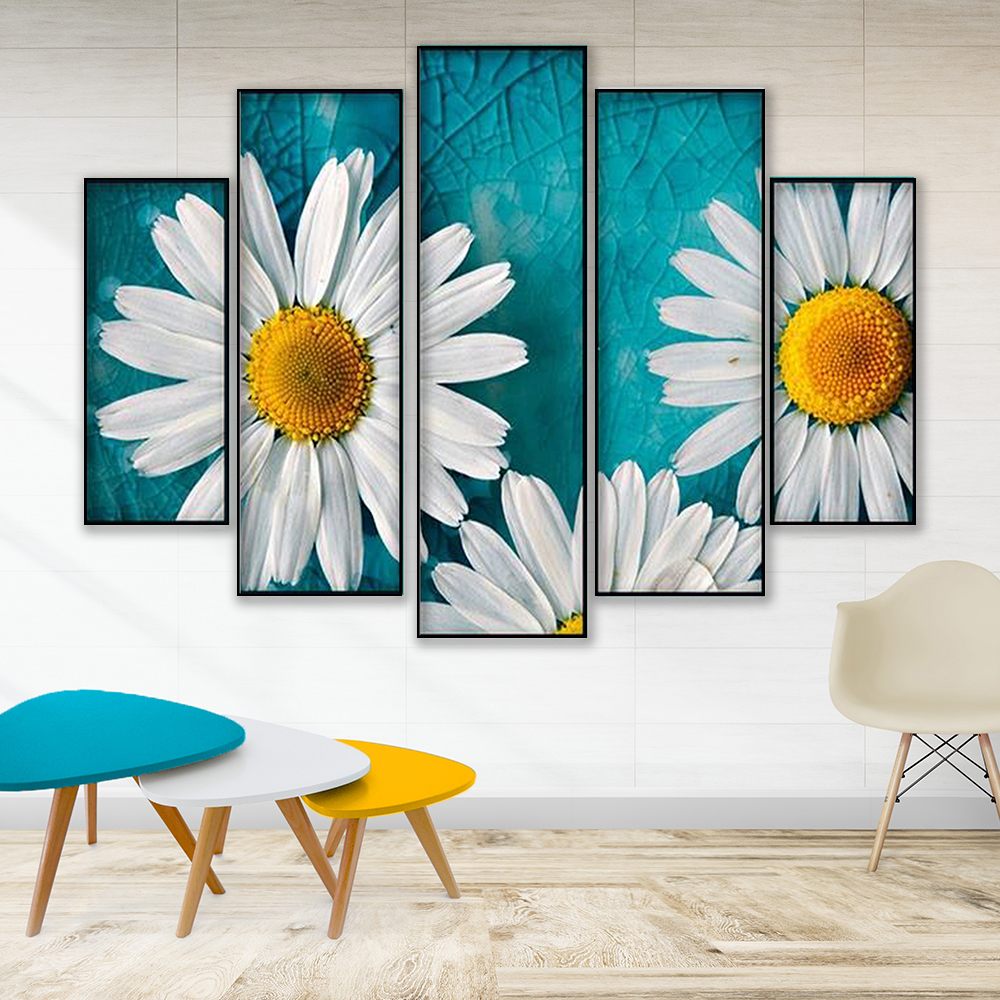 Tableau décoratif 5 piéces - Florale Blanc et bleu - 120x80 cm