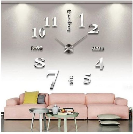 Horloge Murale 3D en acrylique - 90 cm - Chiffre et Numéro - Argent