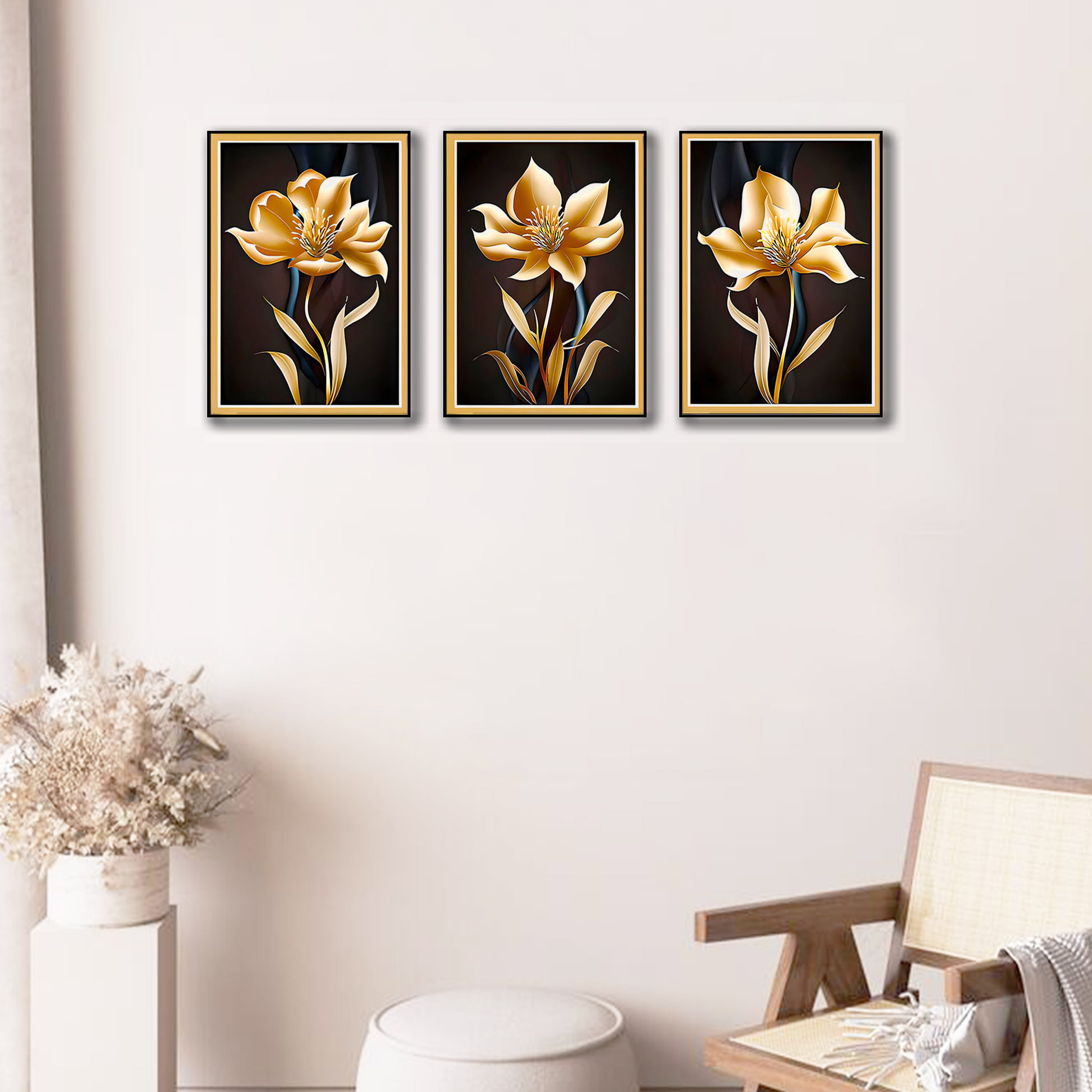 SÃ©rie de 3 tableaux Murale - Golden Flower - 20 x30 cm chacune