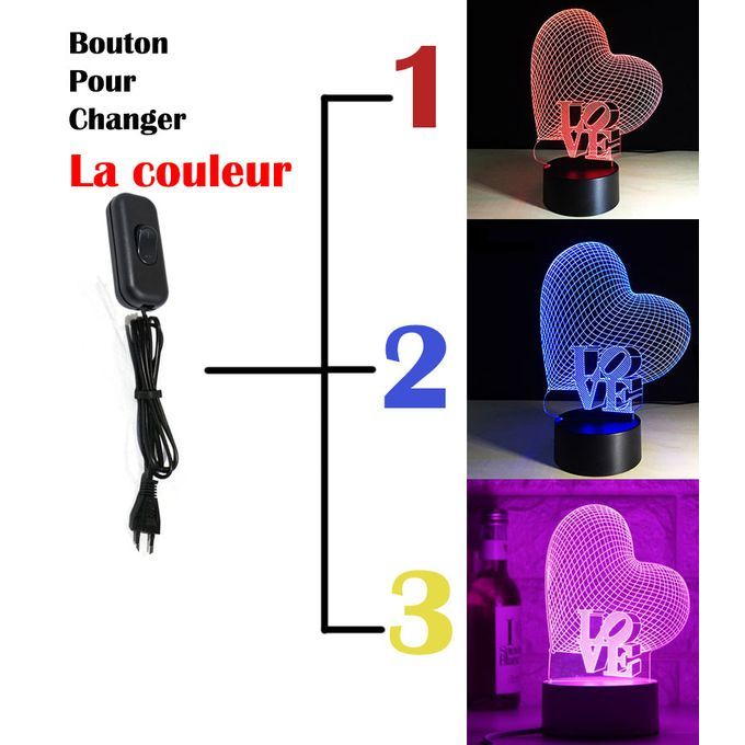 Veilleuse CÅur - Love - 3D - 3 couleurs changeant - LED - 2
